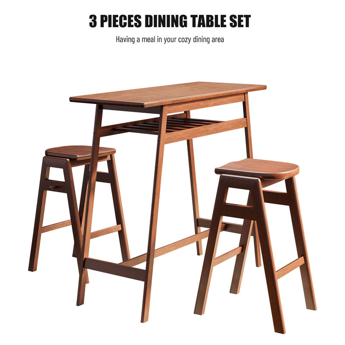 3 Pieces Pub Dining Set Retro Bar Table Rubber Wood Stackable Backless High Stool For 2 With Shelf And Hooks For Home Bar Small Space