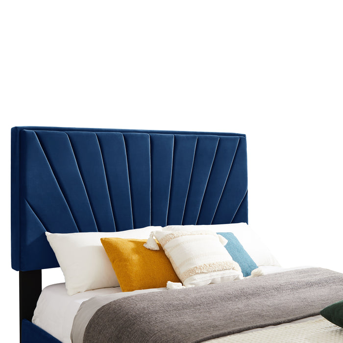 B108 Queen Bed Beautiful Line Stripe Cushion Headboard, Strong Wooden Slats And Metal Legs With Electroplate - Blue