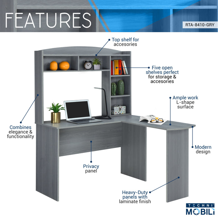Techni Mobili Modern Shaped Desk With Hutch, Gray