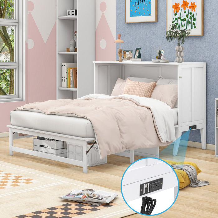 Queen Size Murphy Bed With Built-In Charging Station And A Shelf - White