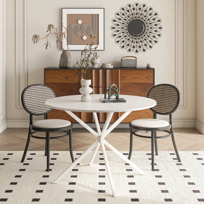 Modern Cross Leg Round Dining Table, White Top Occasional Table, Two Piece Removable Top, Matte Finish Iron Legs