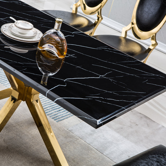 Modern Rectangular Marble Table For Dining Room / Kitchen, 1.02" Thick Marble Top, Gold Finish