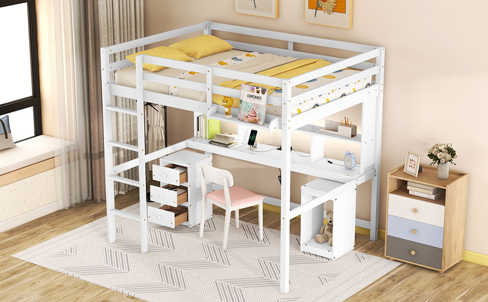 Full Size Loft Bed With Multi-Storage Desk, Led Light And Bedside Tray, Charging Station, White