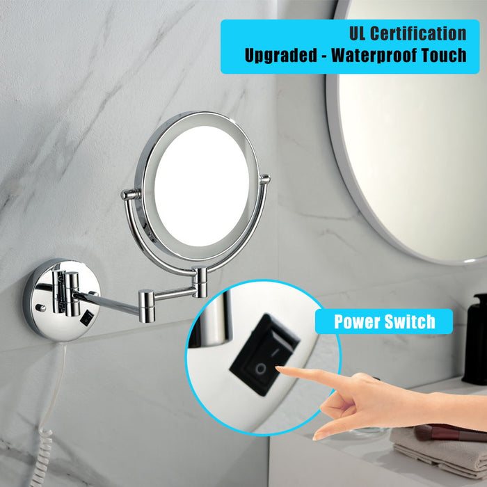 8" LED Wall Mount Two - Sided Magnifying Makeup Vanity Mirror 12" Extension Matte Black 1X / 3 Magnification Plug 360 Degree Rotation Waterproof Button Shaving Mirror - Chrome