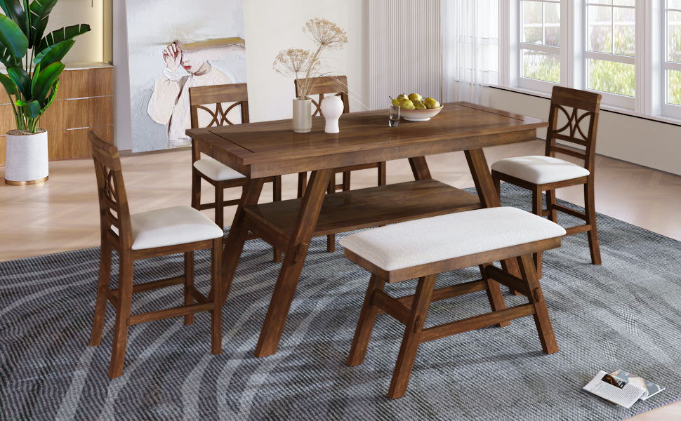 Topmax 6 Piece Wood Counter Height Dining Table Set With Storage Shelf, Kitchen Table Set With Bench And 4 Chairs, Rustic Style, Walnut / Beige Cushion