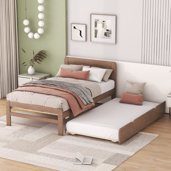 Modern Design Wooden Twin Size Platform Bed Frame With Trundle Of Walnut Color