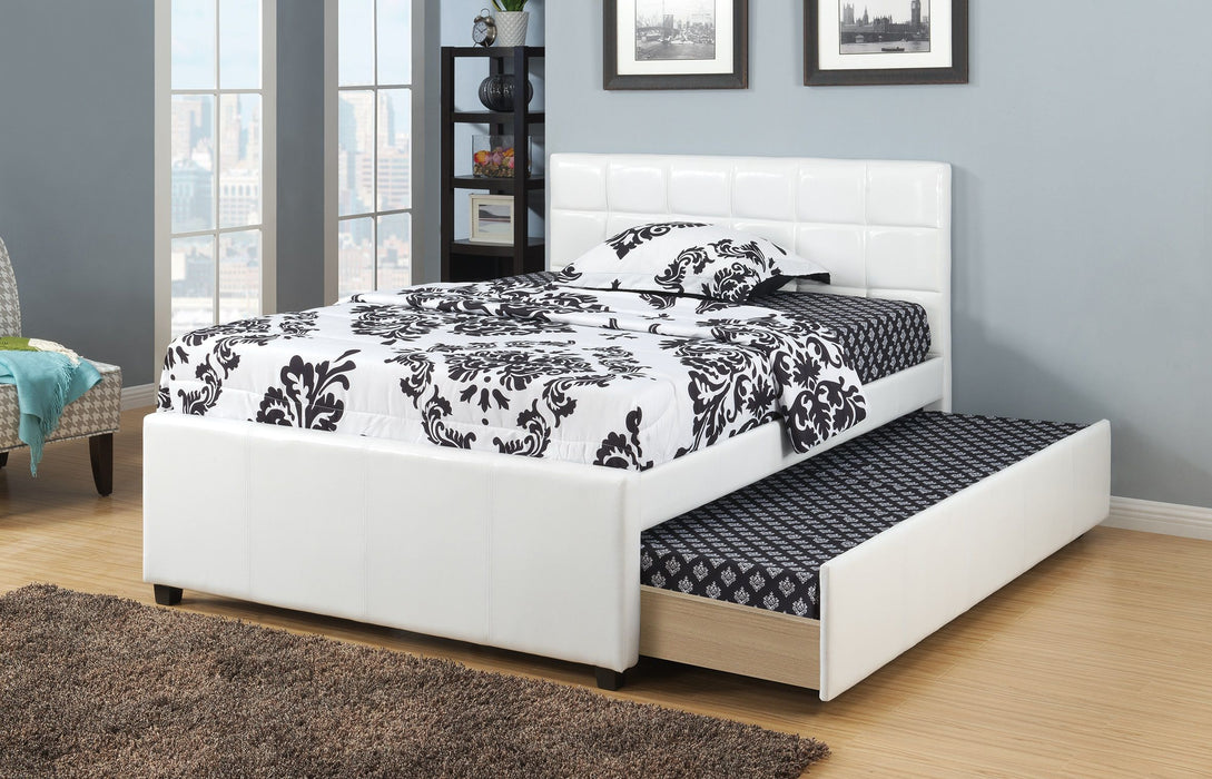 Full Size Bed With Trundle Slats White Faux Leather Upholstered Plywood Kids Youth Bedroom Furniture Wooden Slats