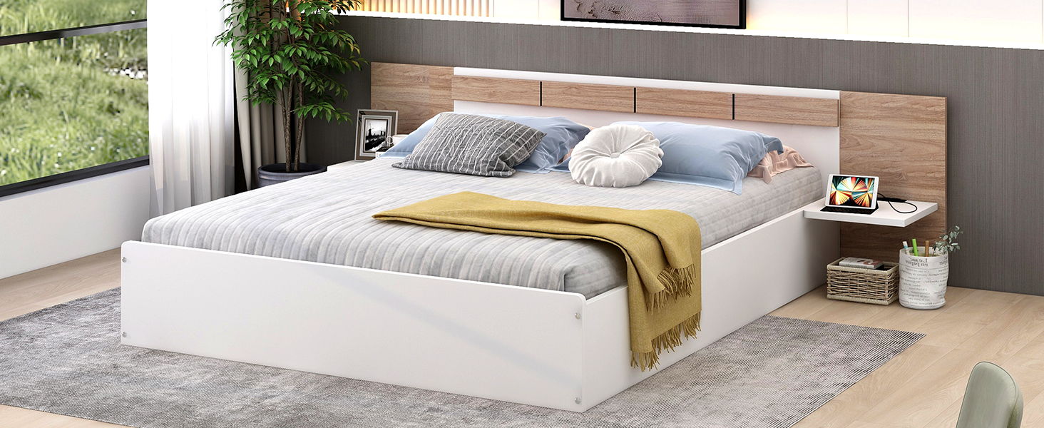 Queen Size Platform Bed With Headboard, Shelves, Usb Ports And Sockets, White