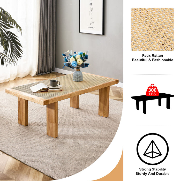 Modern And Minimalist Rectangular Rattan TableTop With Rubber Wooden Legs, Imitation Rattan Woven Chinese Side Table, Suitable For Small Rectangular Tables In Living Rooms, Dining Rooms, And Bedrooms