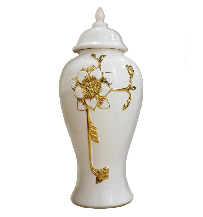 Ginger Jar With Steam Gold Flower - White
