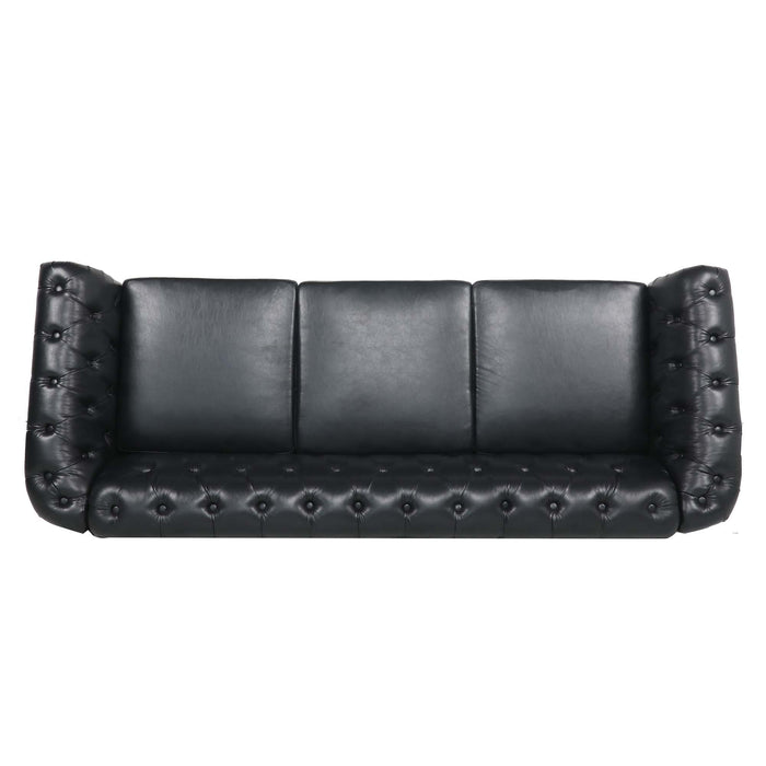 84.65" Black PU Rolled Arm Chesterfield Three Seater Sofa