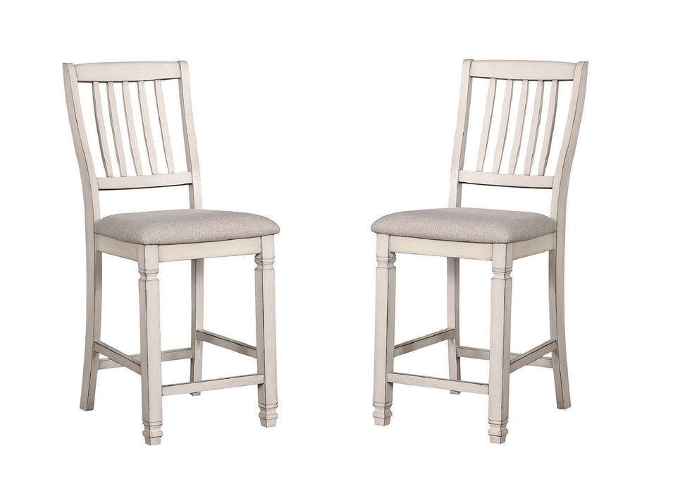Dining Room Furniture (Set of 2) Pieces Counter Height Chairs Antique White Solid Wood Slats Back Light Gray Padded Fabric Seat Cushions