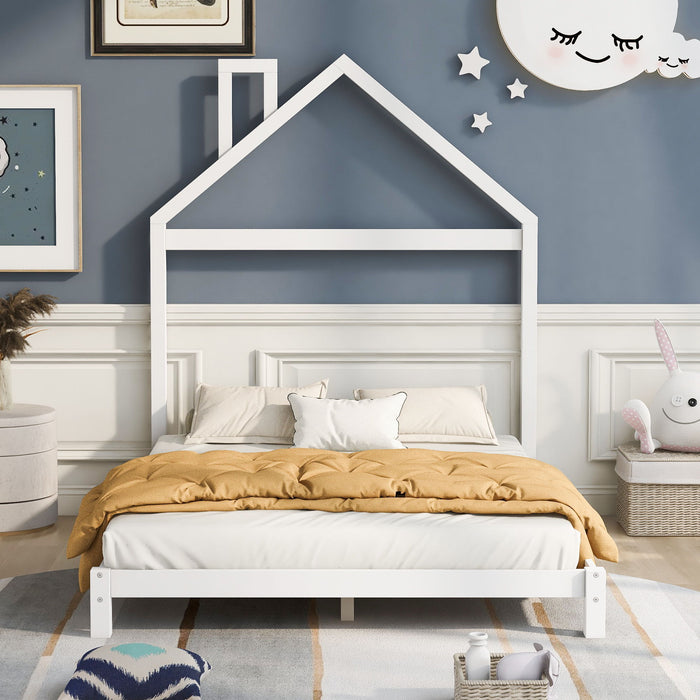 Full Size Wood Platform Bed With House Shaped Headboard (White)