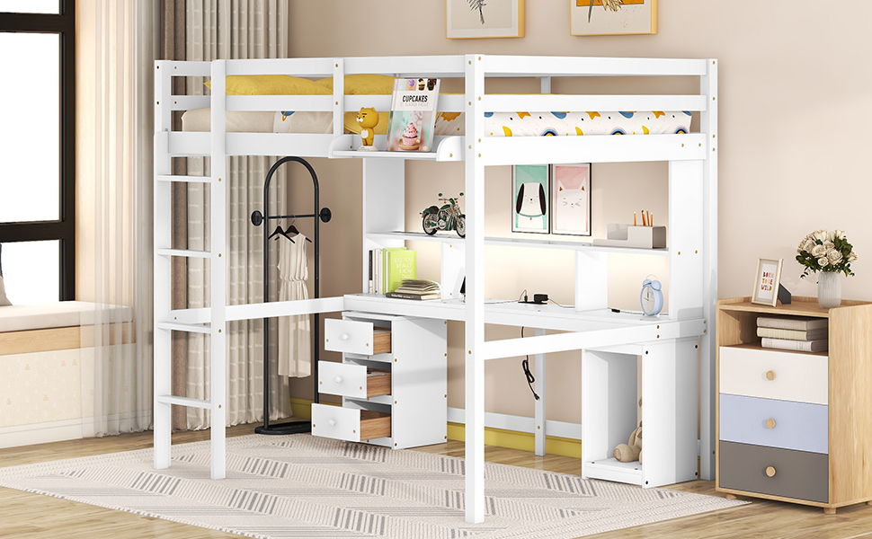 Full Size Loft Bed With Multi-Storage Desk, Led Light And Bedside Tray, Charging Station, White