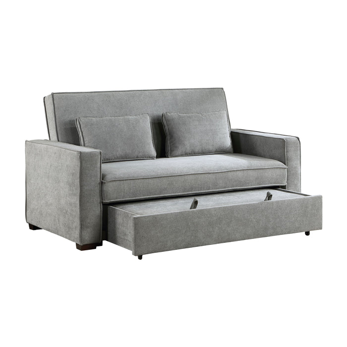 Modern Home Furniture Solid Wood Frame Sofa With Pull-Out Bed Gray Fabric Upholstered 2 Pillows Click-Clack Mechanism Back Living Rom Furniture