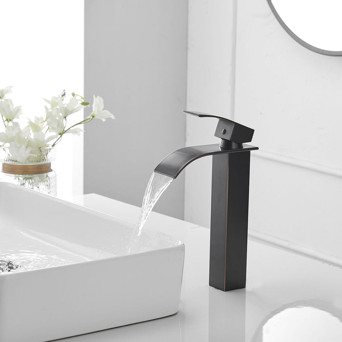 Waterfall Single Hole Single Handle Bathroom Vessel Sink Faucet With Pop Up Drain Assembly In Oil Rubbed Bronze