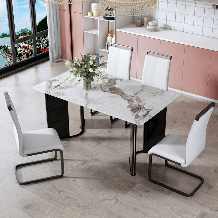 Table And Chair Set, White Imitation Marble Desktop With MDF Legs And Gold Metal Decorative Strips. Paired With 4 Dining Chairs With White Backrest And Black Metal Legs