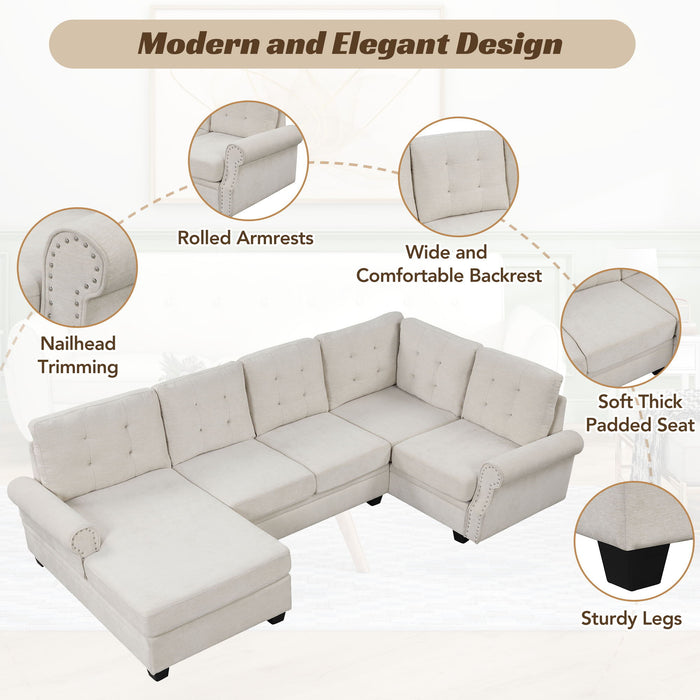 120" Modern U-Shaped Corner Sectional Sofa Upholstered Linen Fabric Sofa Couch For Living Room, Bedroom, Beige