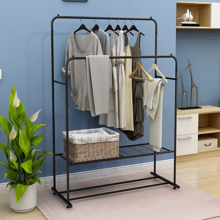 Garment Rack Freestanding Hanger Double Rods Multi Functional Bedroom Clothing Rack - Black