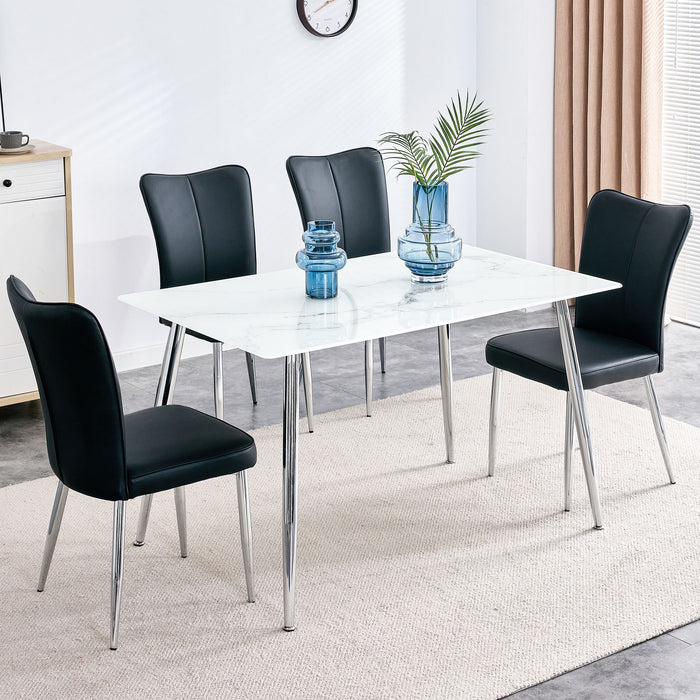 Table And Chair Set 1 Table With 4 Black PU Chairs Modern Minimalist Rectangular White Imitation Marble Dining Table, 03" Thick, With Silver Metal Legs Paired With 4 PU Chairs