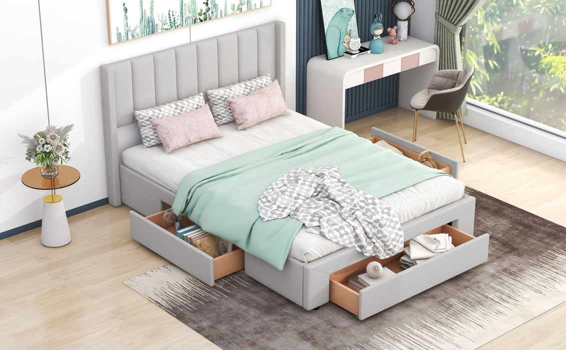 Queen Size Upholstered Platform Bed With One Large Drawer In The Footboard And Drawer On Each Side, Beige