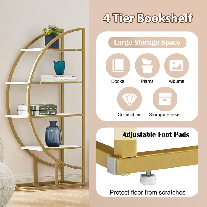 4 Tiers Home Office Open Bookshelf, Round Shape, Different Placement Ways, MDF Board, Gold Metal Frame, White