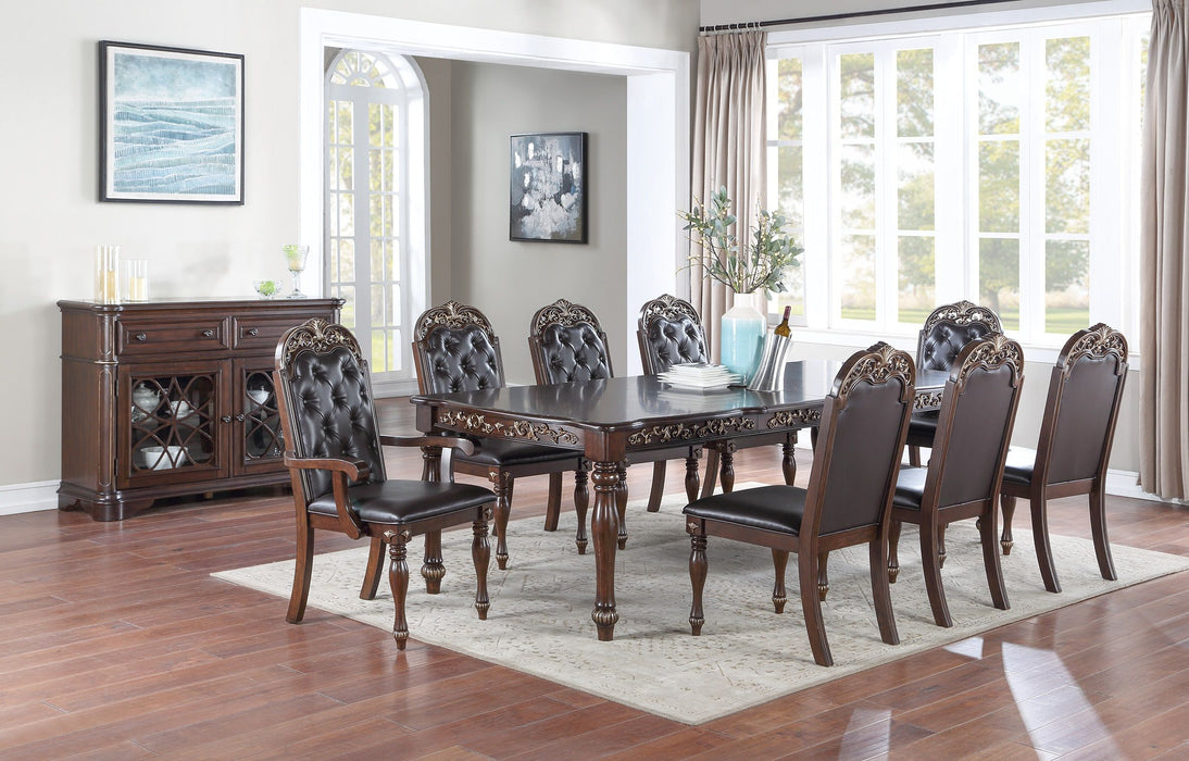 Traditional Brown Finish 9 Pieces Dining Set Table With 2X Arm Chairs 6X Side Chairs Rubber Wood Intricate Design Tufted Back Cushion Seat Dining Room Furniture