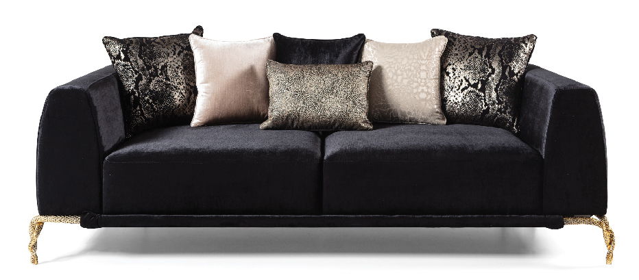 Majestic Shiny Thick Velvet Fabric Upholstered Sofa Made With Wood Finished In Black