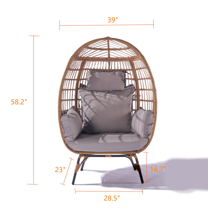 Wicker Egg Chair, Oversized Indoor Outdoor Lounger For Patio, Backyard, 5 Cushions, Steel Frame - Light Grey