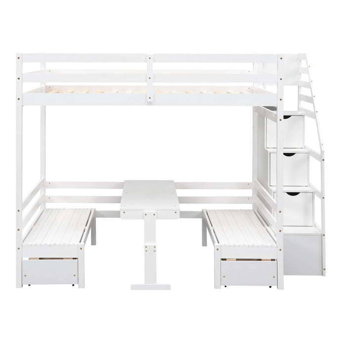 Full Over Full Size Bunk With Staircase, The Down Bed Can Be Convertible To Seats And Table Set, White