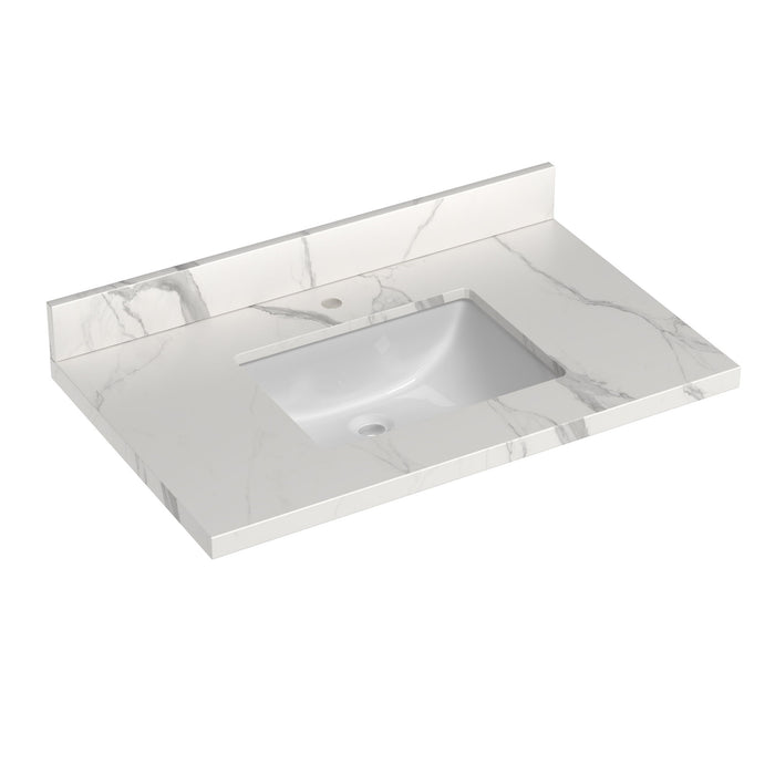 Quartz Vanity Top With Undermounted Rectangular Ceramic Sink & Backsplash, Calacatta Engineered Stone Countertop For Bathroom Kitchen Cabinet 1 Faucet Hole (Not Include Cabinet)
