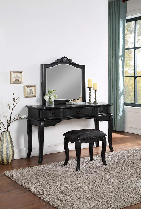 Contemporary Black Color Vanity Set Stool Retro Style Drawers Cabriole-Tapered Legs Mirror Floral Crown Molding Bedroom Furniture