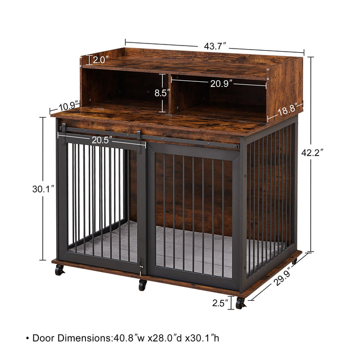 Furniture Type Dog Cage Iron Frame Door With Cabinet, Top Can Be Opened And Closed Rustic Brown
