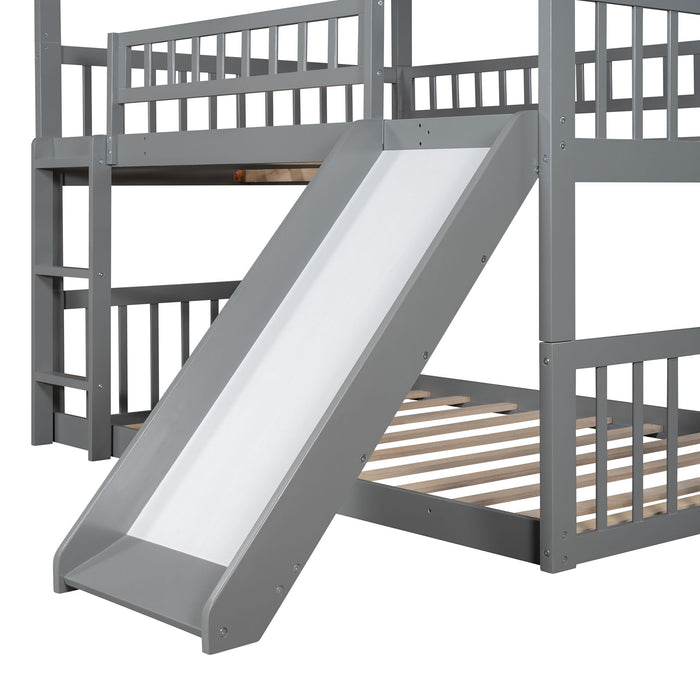 Full Over Full Over Full Triple Bed With Built In Ladder And Slide, Triple Bunk Bed With Guardrails, Gray