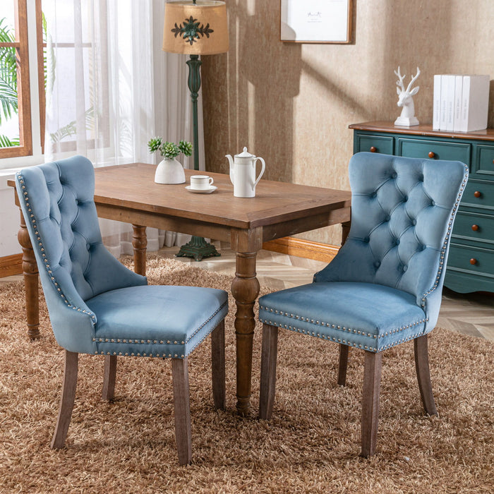 Nikki Collection Modern, High - End Tufted Solid Wood Contemporary Upholstered Dining Chair With Wood Legs Nailhead Trim (Set of 2) - Light Blue
