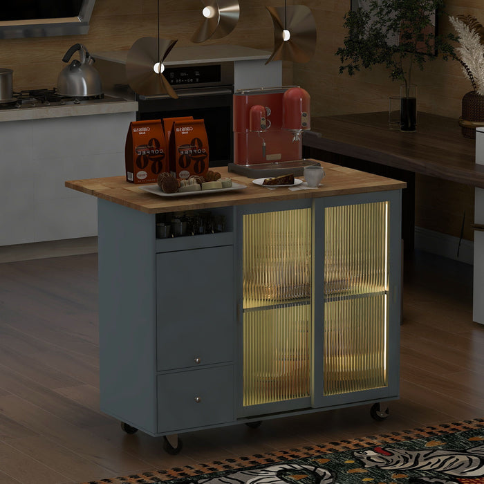Kitchen Island With Drop Leaf, Led Light Kitchen Cart On Wheels With 2 Fluted Glass Doors And 1 Flip Cabinet Door, Large Kitchen Island Cart With An Adjustable Shelf And 2 Drawers (Gray Blue)