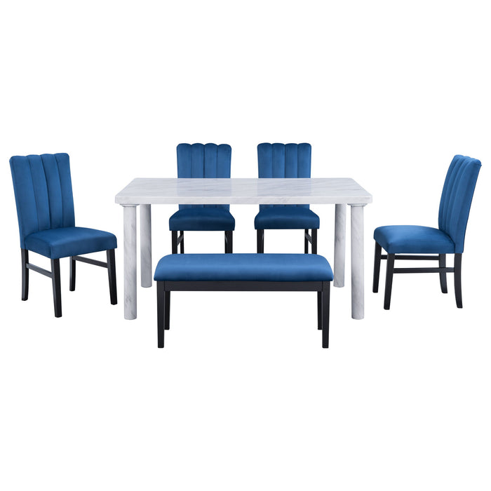 Trexm 6 Piece Dining Table Set With Marble Veneer Table And 4 Flannelette Upholstered Dining Chairs & Bench (White / Blue)