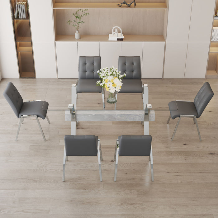 Table And Chair Set, 1 Table And 6 Grey Chairs, Tempered Glass Desktop, Equipped With Silver Plated Metal Legs And MDF Crossbars, Paired With Armless Soft Backrest Dining Chairs