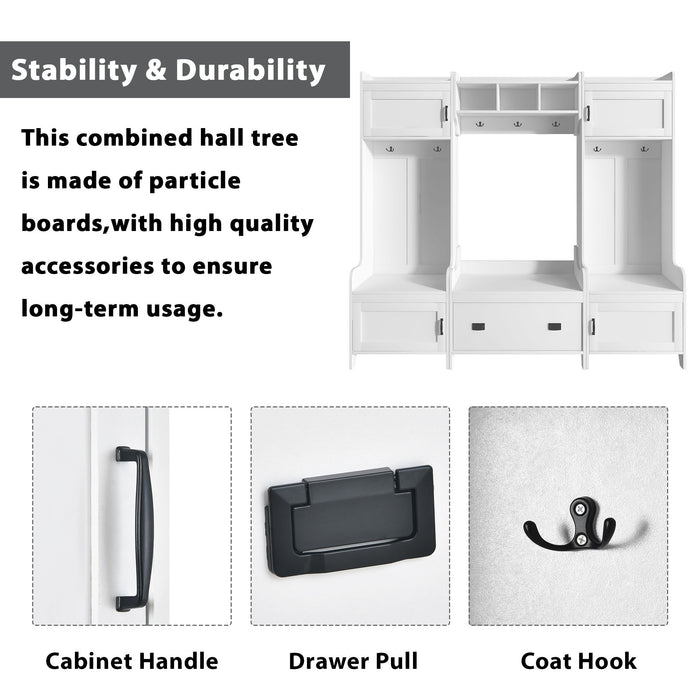 On-Trend Modern Style 4-In-1 Multiple Functions Hallway Coat Rack With Seven Metal Black Hooks, Entryway Bench Hall Tree With Ample Storage Drawer, White