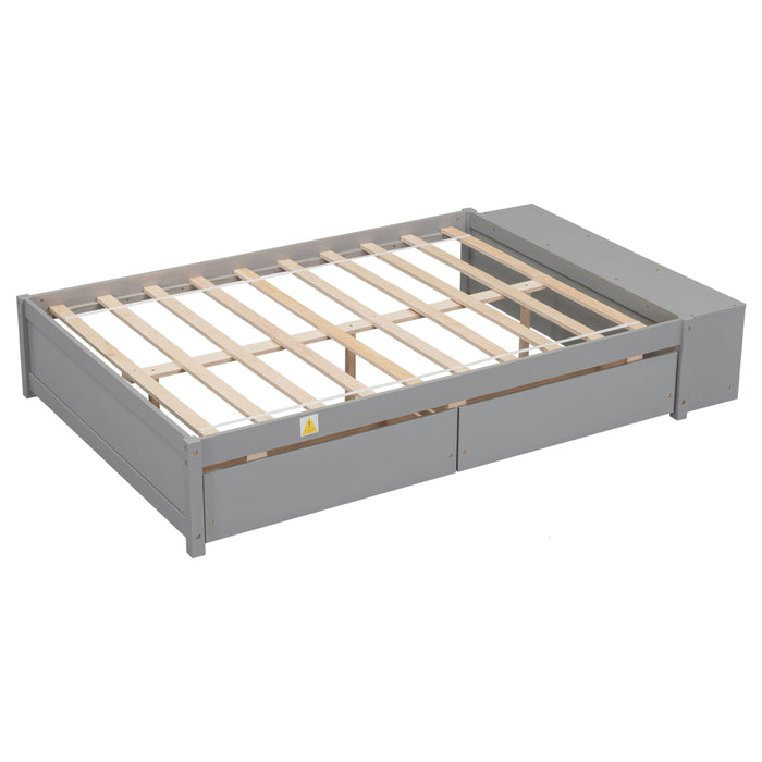 Full Size Bed With 2 Drawers And Storage Shelves, Grey