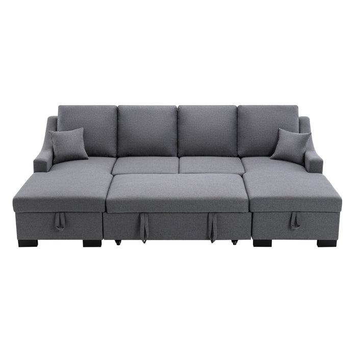 U_Style Upholstery Sleeper Sectional Sofa With Double Storage Spaces, 2 Tossing Cushions, Grey