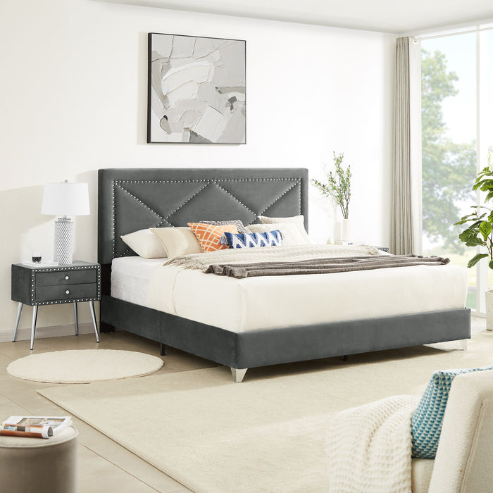 B109 King Bed With One Nightstand, Beautiful Brass Studs Adorn The Headboard, Strong Wooden Slats And Metal Legs With Electroplate - Gray