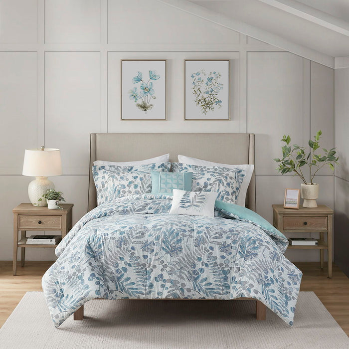 5 Piece Seersucker Comforter Set With Throw Pillows, Blue