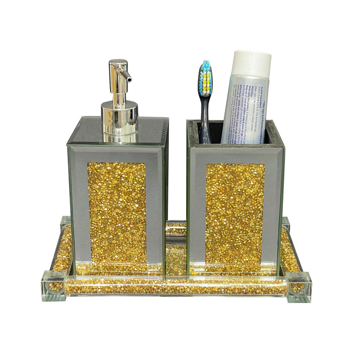 Ambrose Exquisite 3 Piece Square Soap Dispenser And Toothbrush Holder With Tray - Gold