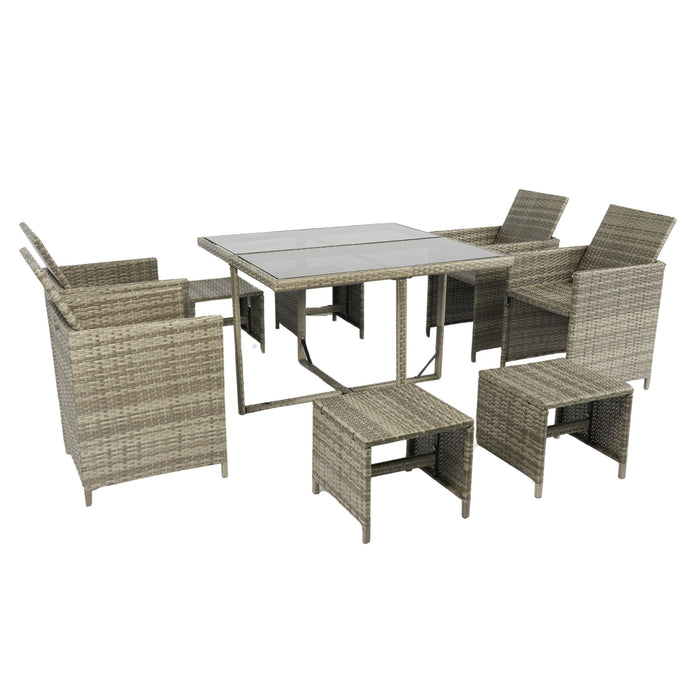 9 Pieces Patio Dining Sets Outdoor Space Saving Rattan Chairs With Glass Table Patio Furniture Sets Cushioned Seating And Back Sectional Conversation Set Grey Wicker / Grey Cushion