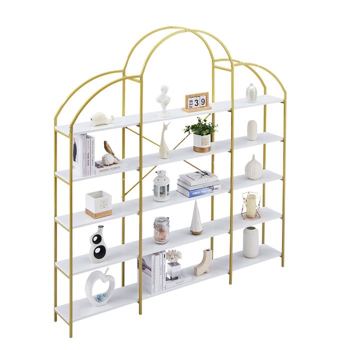 74.8 Inch 5 Tiers Office Bookcase Bookshelf, Display Shelf With Round Top , X Bar Gold Frame