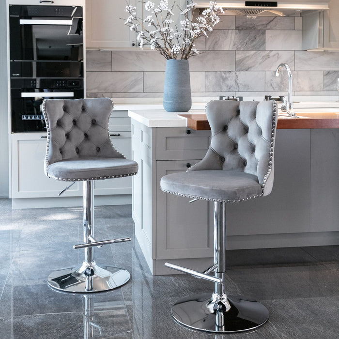 Swivel Velvet Barstools AdjUSAtble Seat Height From 25 - 33", Modern Upholstered Chrome Base Bar Stools With Backs Comfortable Tufted For Home Pub And Kitchen Island (Gray, (Set of 2)