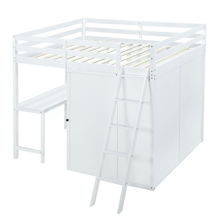 Full Size Loft Bed With Wardrobe And Desk And Shelves, White