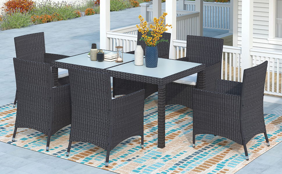 Top max 7 Piece Outdoor Wicker Dining Set - Dining Table Set For 7 - Patio Rattan Furniture Set With Beige Cushion (Black)