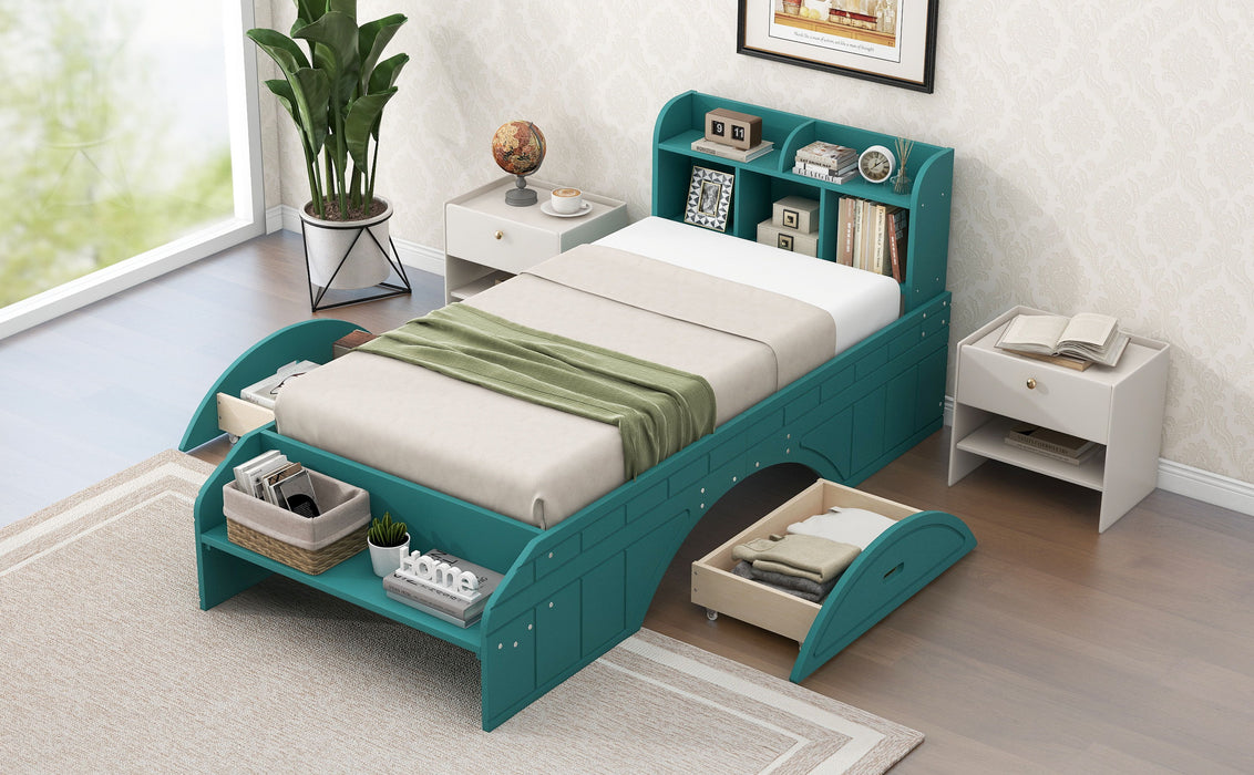Wood Twin Size Platform Bed With 2 Drawers, Storage Headboard And Footboard, Dark Green